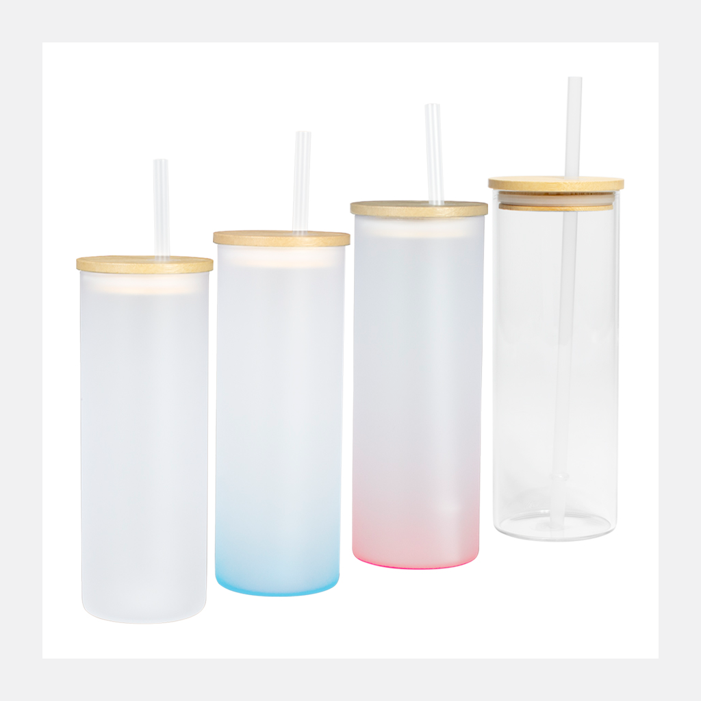 Botella Vidrio Borosilicato Sublimación, tapa Bamboo 500cc